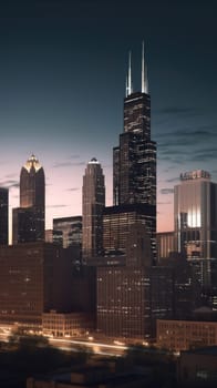 Cityscape of chicago at dusk with lights from the skyline. Generative AI.