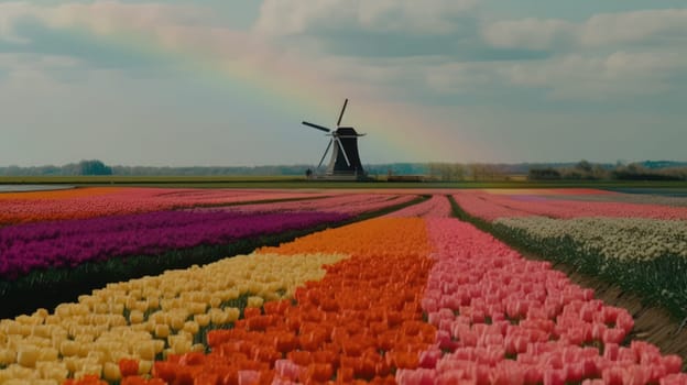 Colorful open field with beautiful tulips. Generative AI.