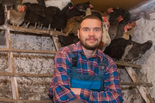 A smiling handsome farmer with a beard, Caucasian, in overalls and a shirt, sits in a barn near a perch for chickens hens. Poultry and Household farming.