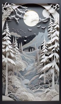 Traditional christmas paper cut art piece with a snowy landscape. Generative AI.
