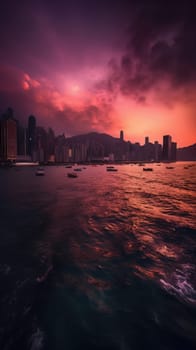 Beautiful pink sky sunlight above the city. Generative AI.