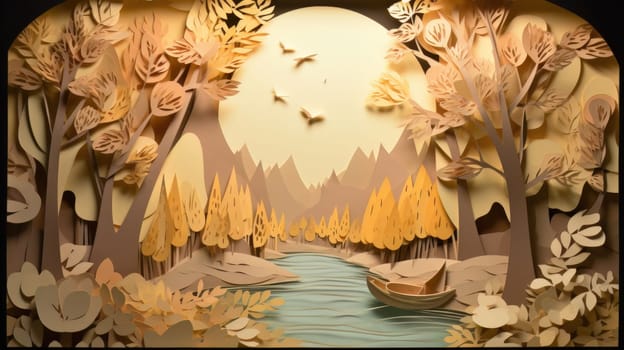 Paper cut artwork that depicts flowers and trees background. Generative AI.