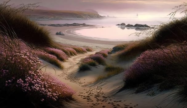 Shoreline covered in pink flowers by the sea. Generaitve AI