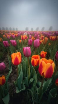 Colorful open field with beautiful tulips. Generative AI.