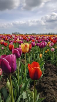 Colorful open field with beautiful tulips. Generative AI.