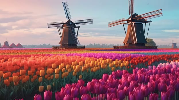 Colorful open field with beautiful tulips. Generative AI.