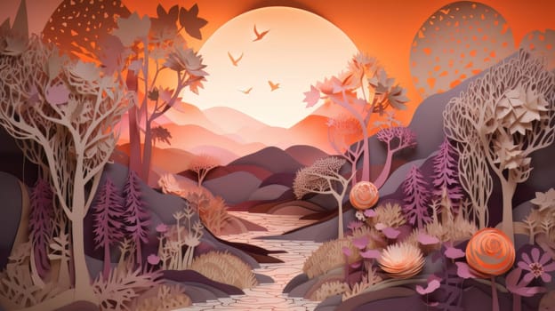 Autumn nature, landscape art paper cut. Generative AI.