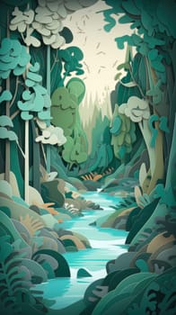 Paper cut art work with green nature forest. Generative AI.