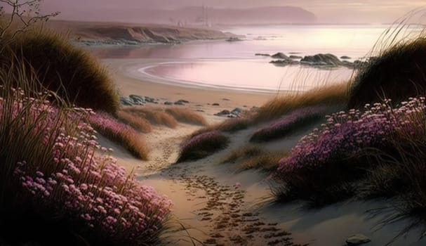 Shoreline covered in pink flowers by the sea. Generaitve AI