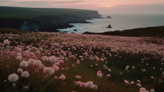 Shoreline covered in pink flowers by the sea. Generaitve AI.