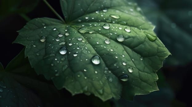 Close up view of raindrops on green leaf. Generative AI.