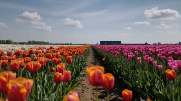 Colorful open field with beautiful tulips. Generative AI.