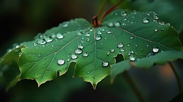 Close up view of raindrops on green leaf. Generative AI.