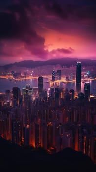 Beautiful pink sky sunlight above the city. Generative AI.