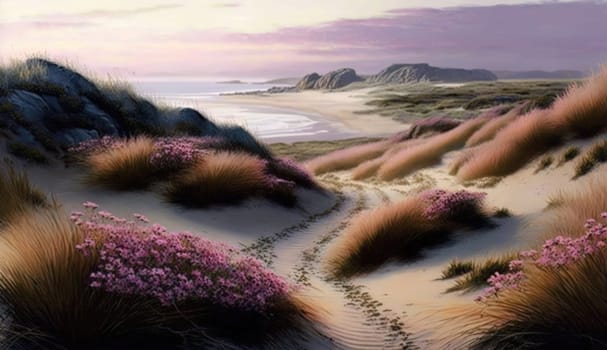 Shoreline covered in pink flowers by the sea. Generaitve AI