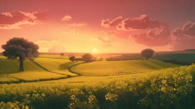 Beautiful local farm with sunset in the countryside field. Generative AI.