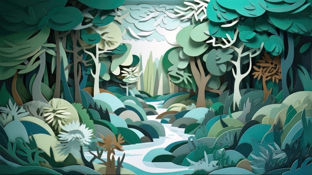 Paper cut art work with green nature forest. Generative AI.