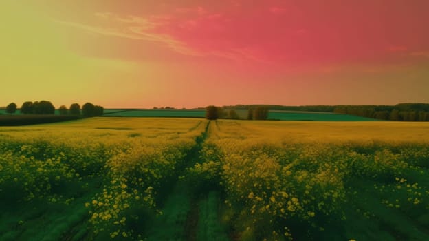 Beautiful local farm with sunset in the countryside field. Generative AI.