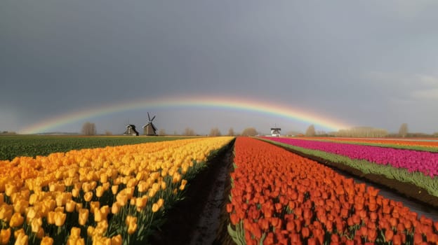 Colorful open field with beautiful tulips. Generative AI.