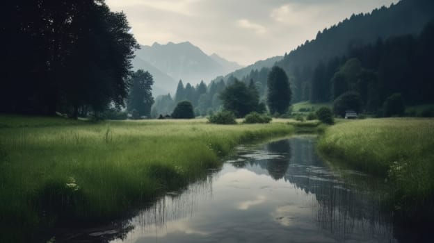 Beautiful scenic landscapes with mountains in Europe. Generative AI.