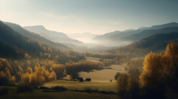 Image of mountain valley with mountains and a forest. Generative AI.