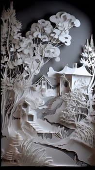 Traditional christmas paper cut art piece with a snowy landscape. Generative AI.