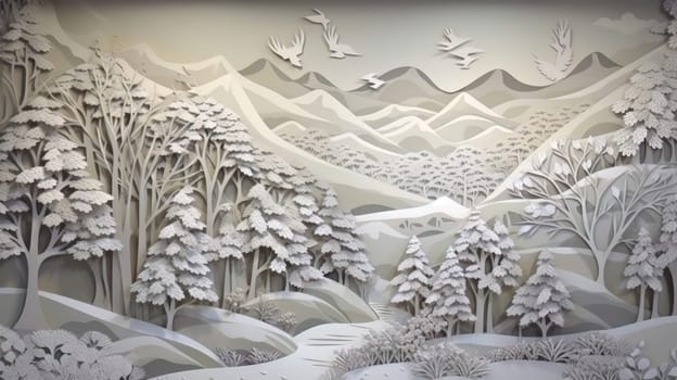 Traditional christmas paper cut art piece with a snowy landscape. Generative AI.