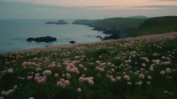 Shoreline covered in pink flowers by the sea. Generaitve AI.