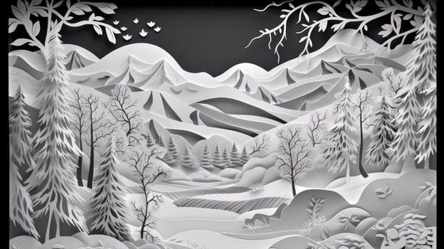 Traditional christmas paper cut art piece with a snowy landscape. Generative AI.