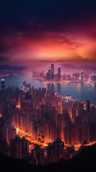 Beautiful pink sky sunlight above the city. Generative AI.