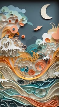 Abstract paper cut sea blue waves art background. Generative AI.