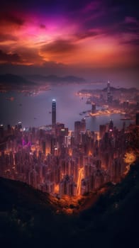 Beautiful pink sky sunlight above the city. Generative AI.