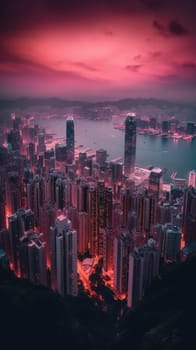 Beautiful pink sky sunlight above the city. Generative AI.