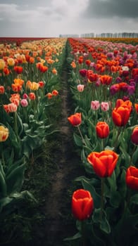 Colorful open field with beautiful tulips. Generative AI.