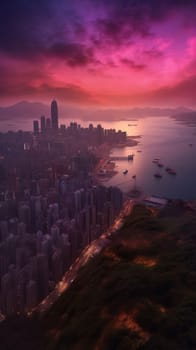 Beautiful pink sky sunlight above the city. Generative AI.