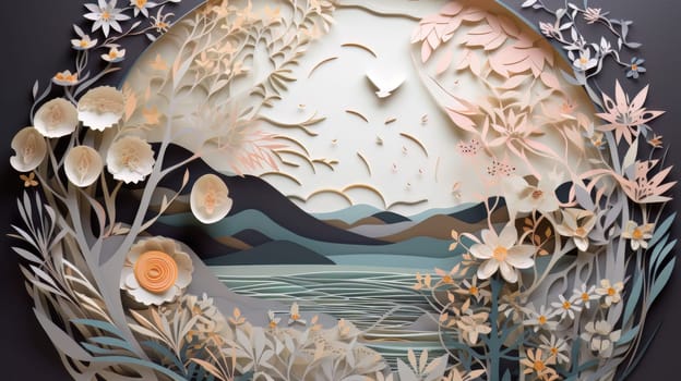 Paper cut artwork that depicts flowers and trees background. Generative AI.