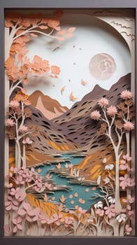 Paper cut artwork that depicts flowers and trees background. Generative AI.