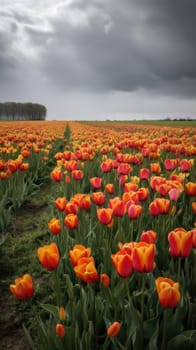 Colorful open field with beautiful tulips. Generative AI.