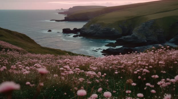 Shoreline covered in pink flowers by the sea. Generaitve AI.