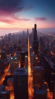 Cityscape of chicago at dusk with lights from the skyline. Generative AI.