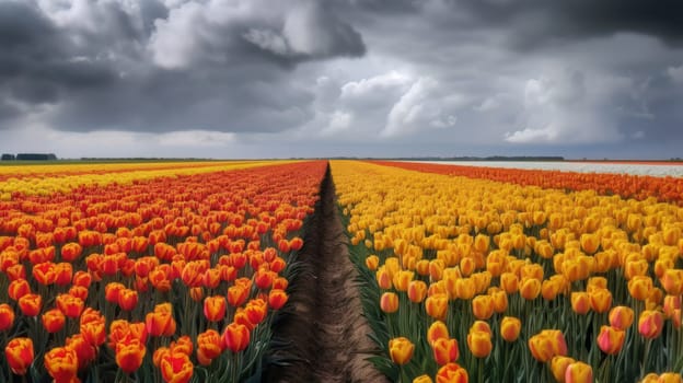 Colorful open field with beautiful tulips. Generative AI.