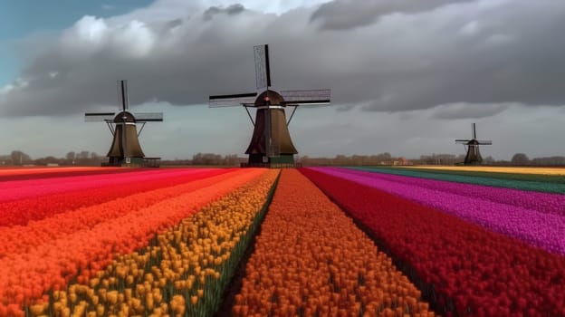 Colorful open field with beautiful tulips. Generative AI.