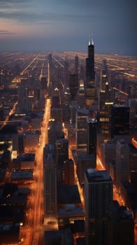 Cityscape of chicago at dusk with lights from the skyline. Generative AI.