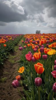 Colorful open field with beautiful tulips. Generative AI.