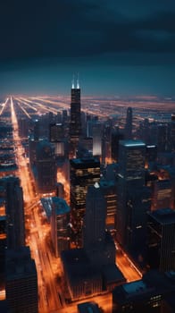 Cityscape of chicago at dusk with lights from the skyline. Generative AI.