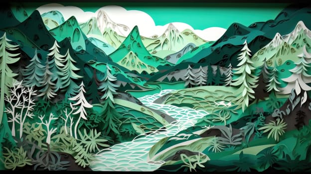 Paper cut art work with green nature forest. Generative AI.