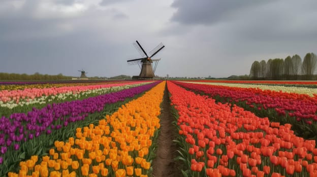 Colorful open field with beautiful tulips. Generative AI.