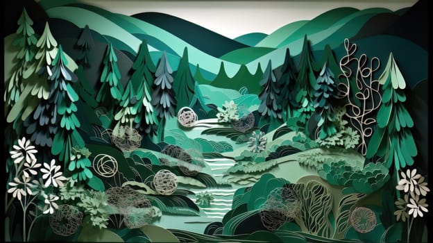 Paper cut art work with green nature forest. Generative AI.