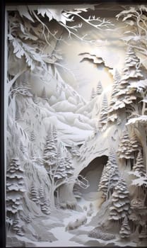 Traditional christmas paper cut art piece with a snowy landscape. Generative AI.