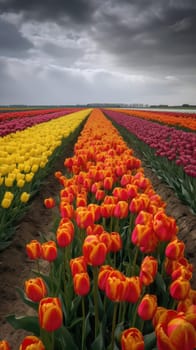 Colorful open field with beautiful tulips. Generative AI.